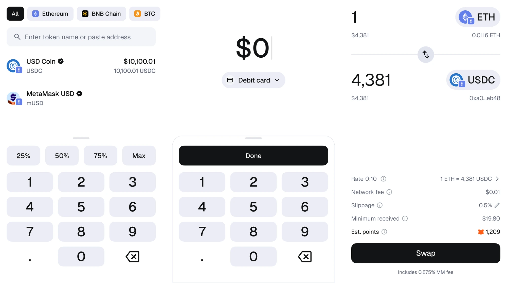 Standardized trade components: token search, amount entry, pay-with selector, conversion, keypad, and quote with swap