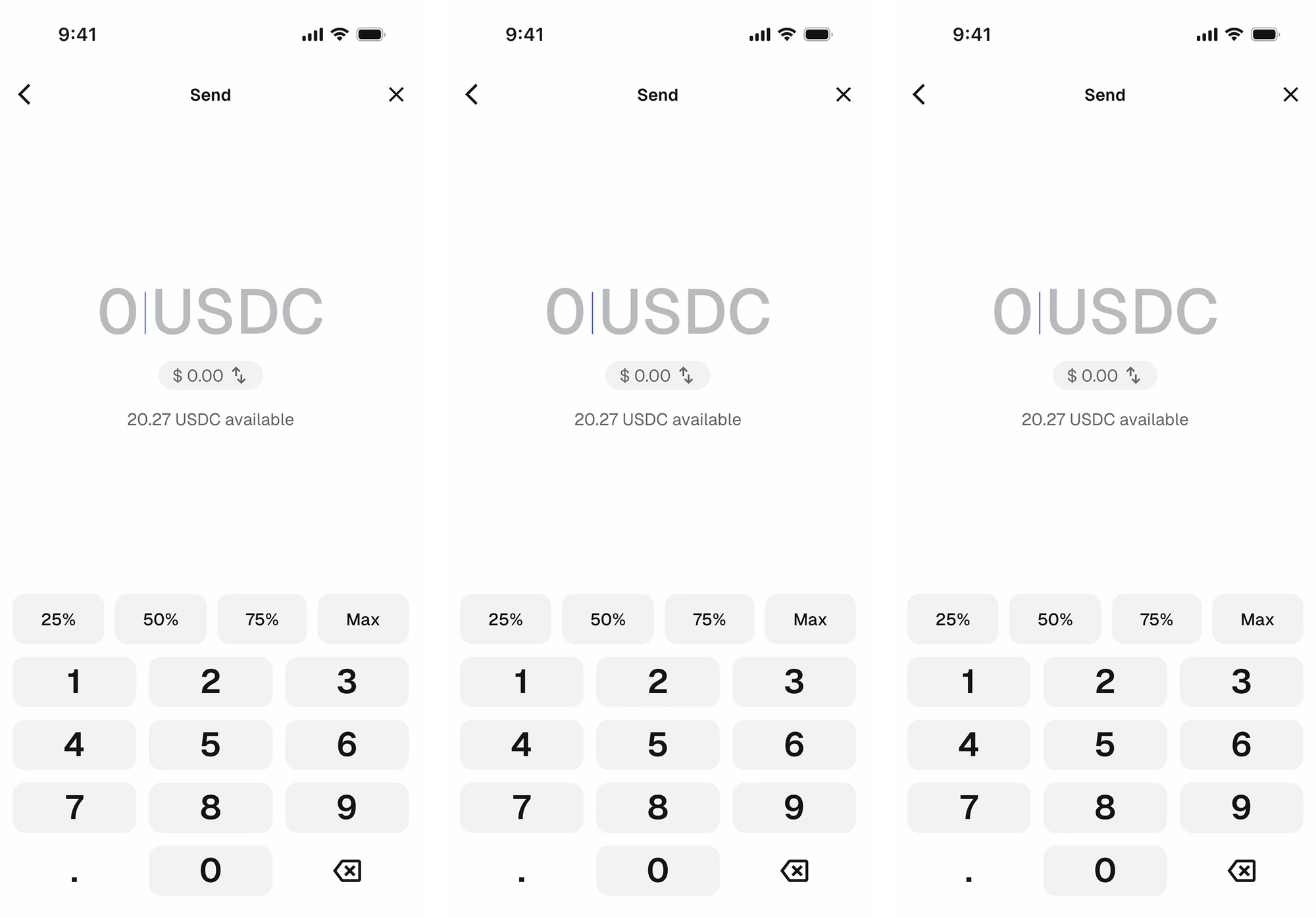Send amount entry using the same keypad pattern across three states