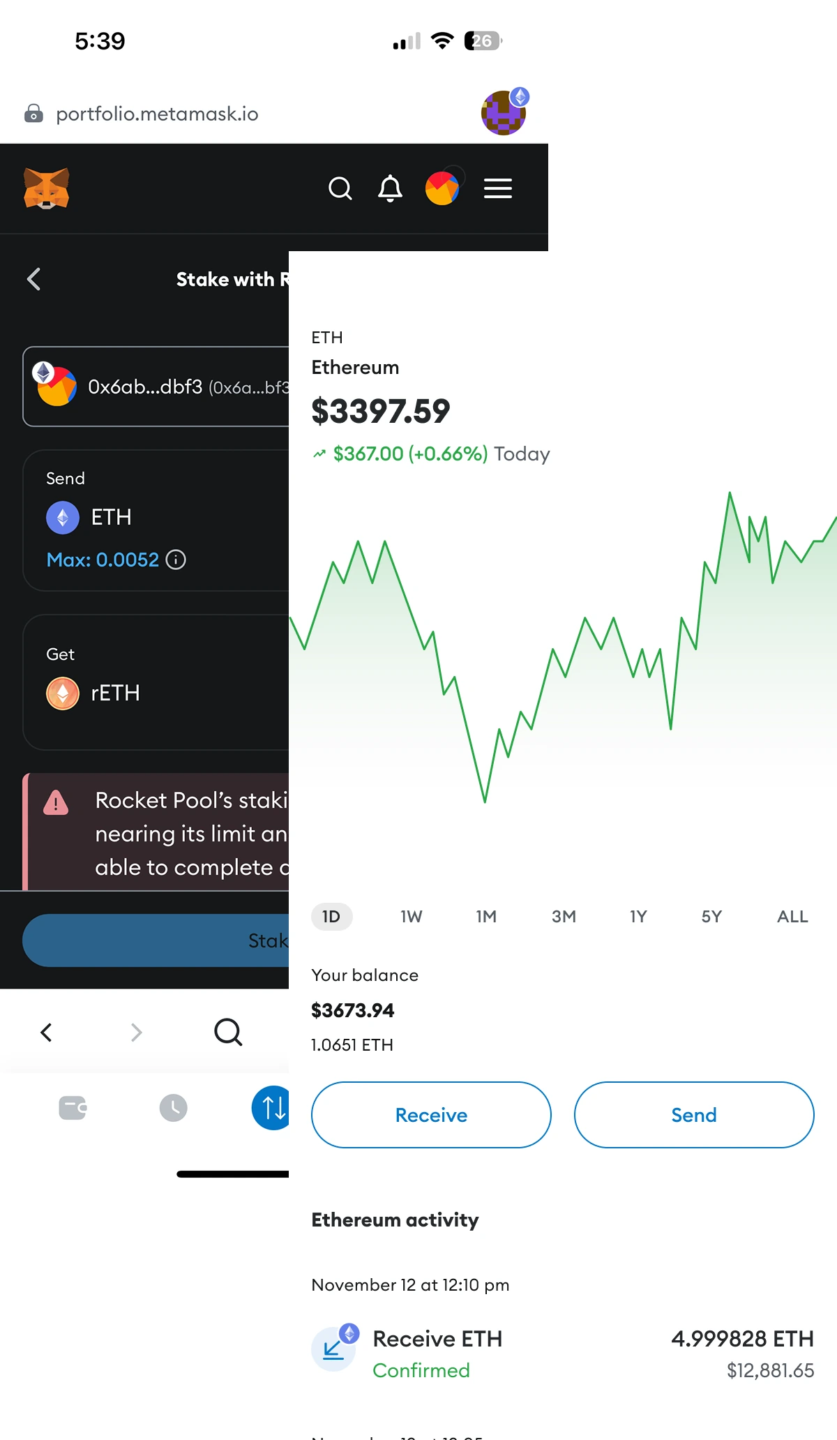 MetaMask portfolio staking next to an Ethereum token screen