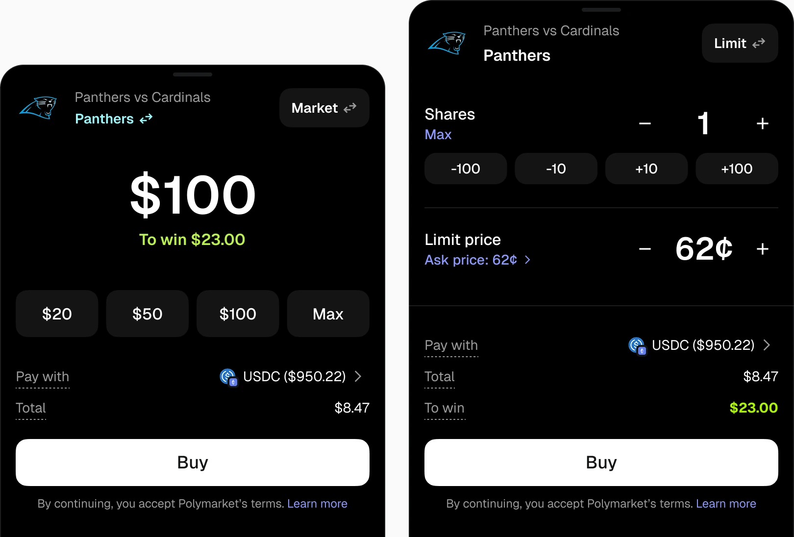 Market and limit order bet slips