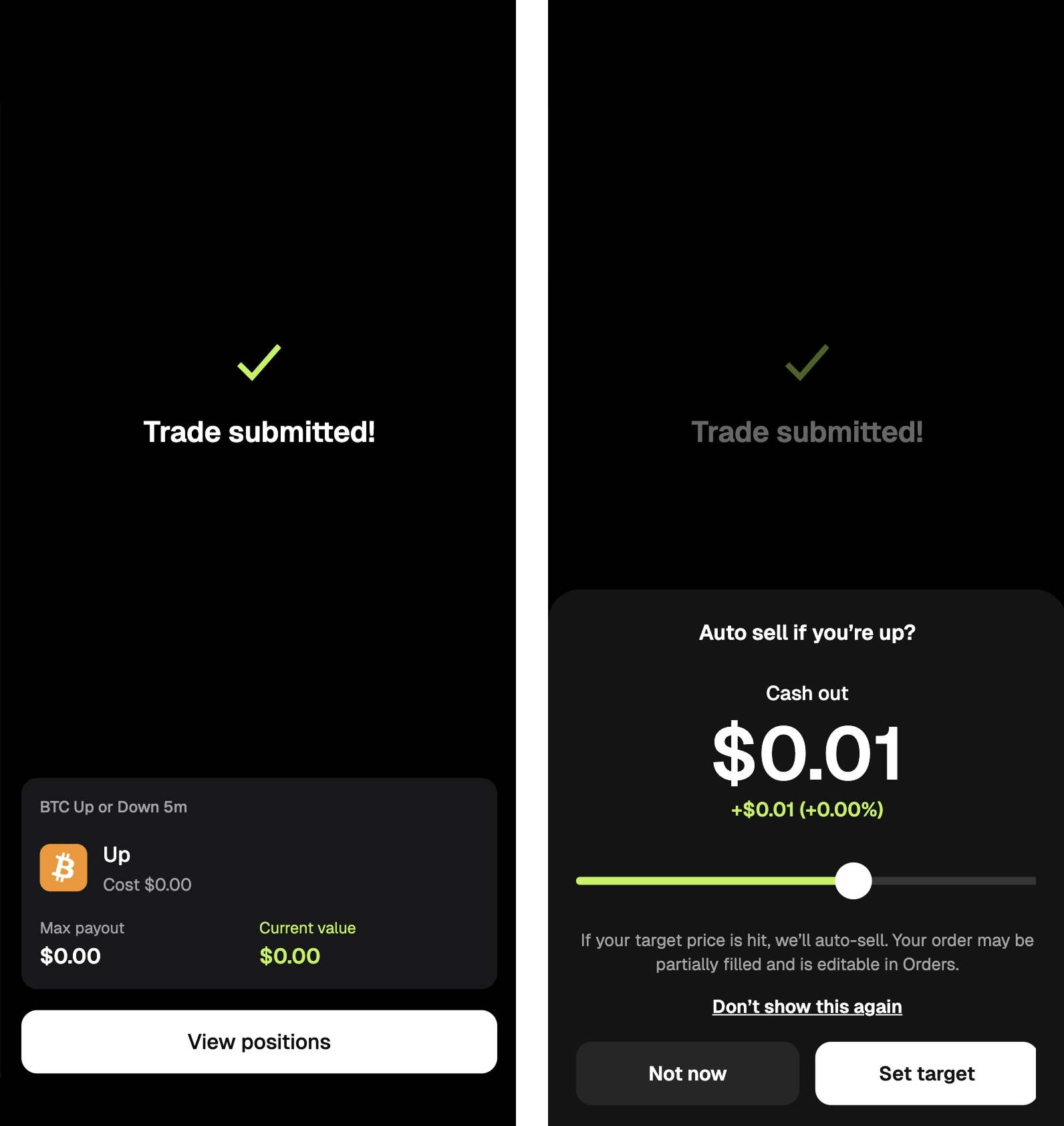Trade submitted confirmation and auto-sell target