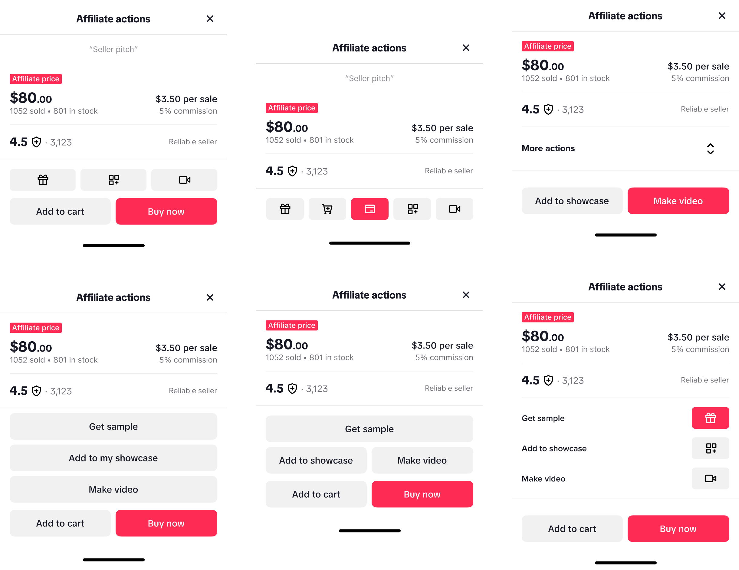 Third affordance exploration for creator actions on the product page