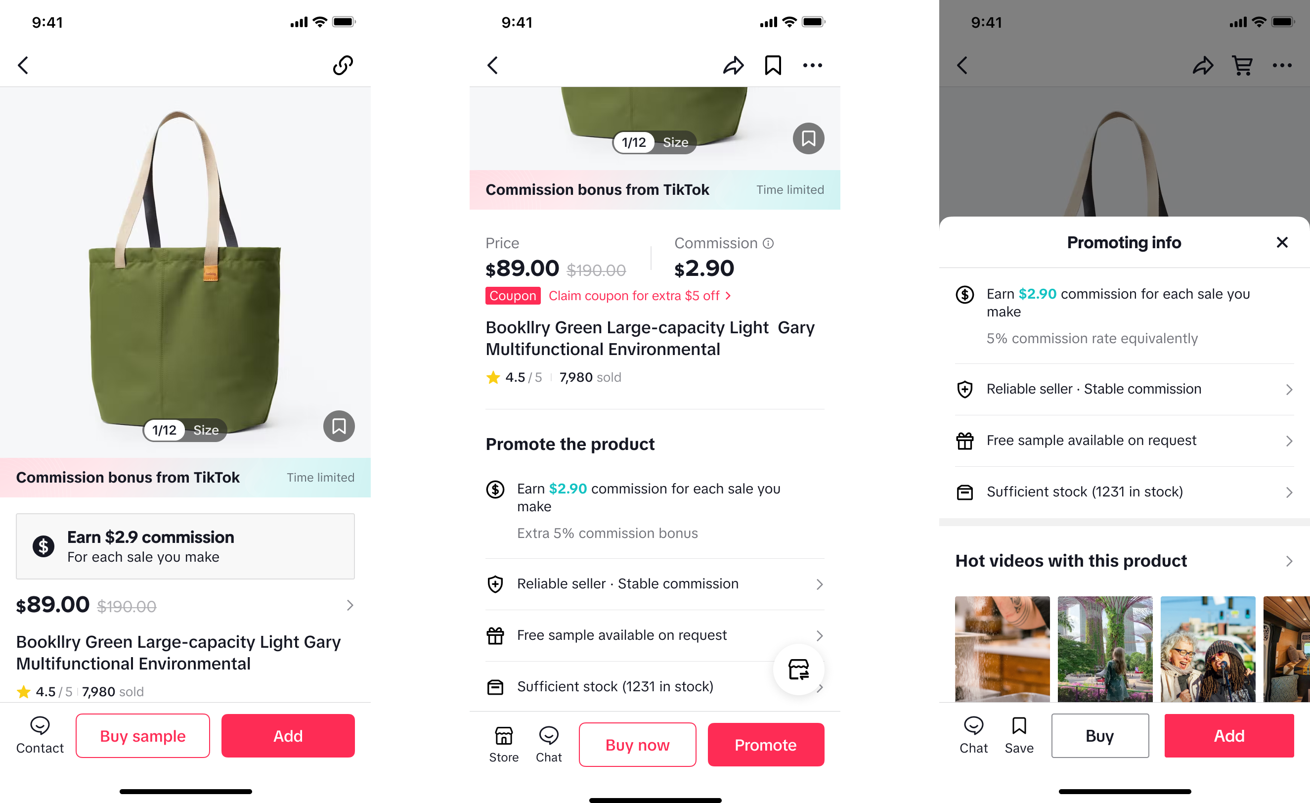 Three product detail explorations for creator evaluation and Showcase actions