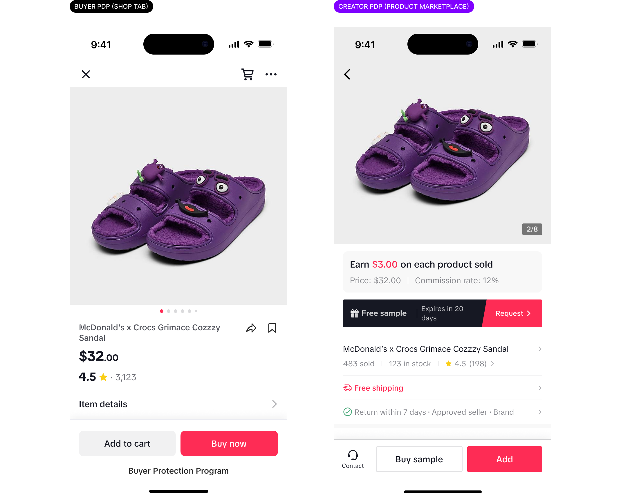 Previous buyer product page next to the creator Product Marketplace product page