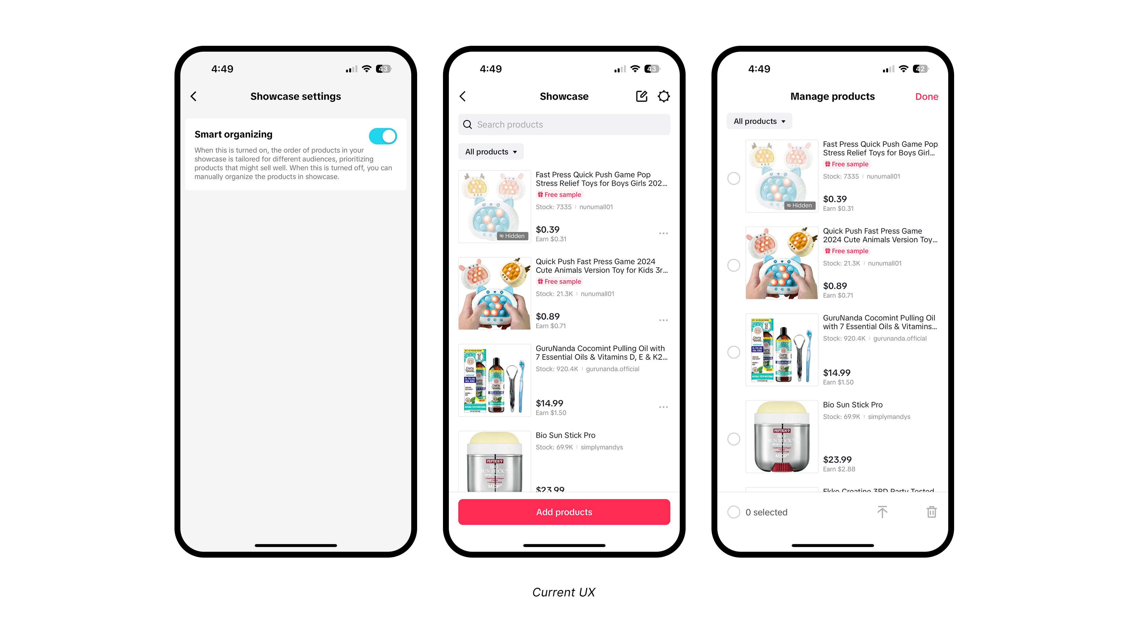 Current Showcase settings, catalog, and manage-products screens