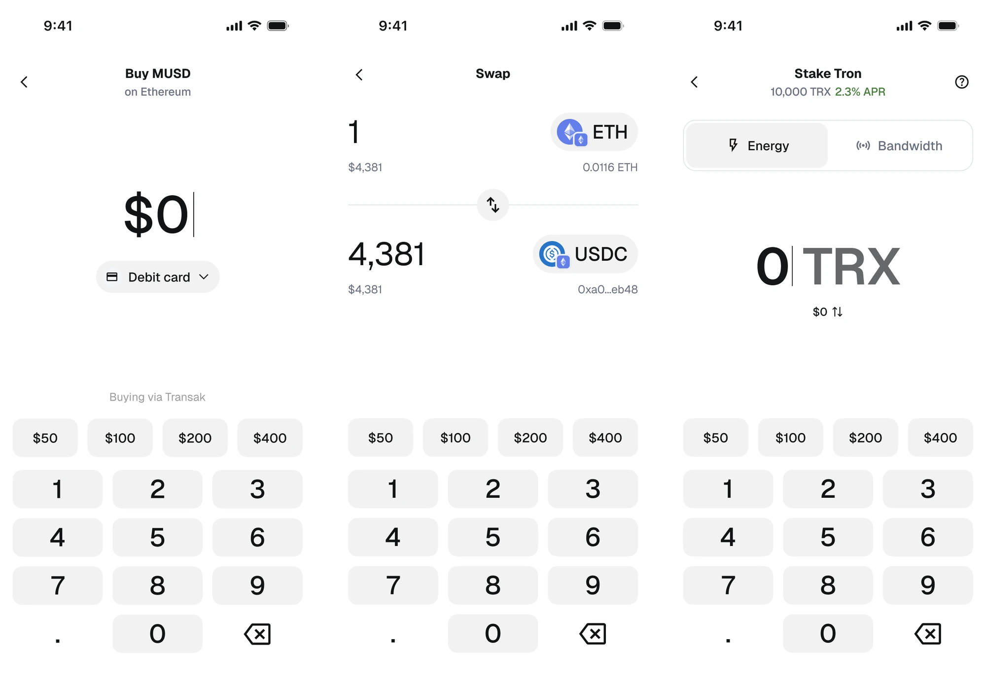 Buy, Swap, and Stake screens sharing the same amount entry and keypad pattern